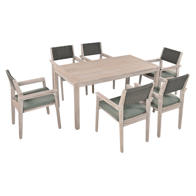 Outdoor Dining Set Patio Dining table and Chairs with Rattan Backrest  and Removable Cushions for Patio and Backyard, White Washed