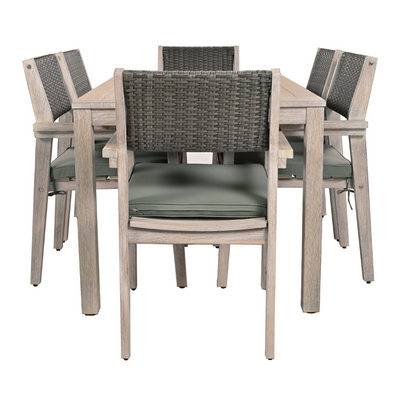 Outdoor Dining Set Patio Dining table and Chairs with Rattan Backrest  and Removable Cushions for Patio and Backyard, White Washed