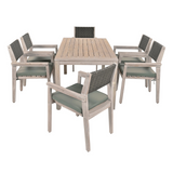 Outdoor Dining Set Patio Dining table and Chairs with Rattan Backrest  and Removable Cushions for Patio and Backyard, White Washed