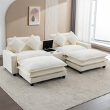 112.6" Sectional Sofa Chenille Upholstered Sofa with Two Removable Ottoman, Two USB Ports, Two Cup Holders and Large Storage Box for Living Room, Beige