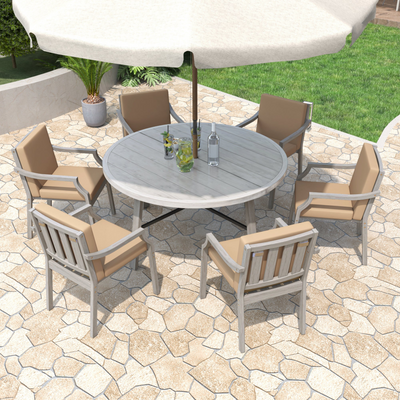 Outdoor Dinning Set 6-Person Outdoor Wooden Dinning Set with an Umbrella Hole and Removable Cushions for Patio, Backyard, Garden,  Antique Gray