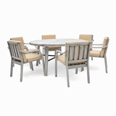 Outdoor Dinning Set 6-Person Outdoor Wooden Dinning Set with an Umbrella Hole and Removable Cushions for Patio, Backyard, Garden,  Antique Gray