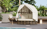 59.8" Daybed Outdoor Sunbed With Colorful Pillows, Wicker Patio Daybed With Curtain, Floral Pattern, Natural Wicker, Beige Cushion