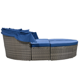 Outdoor rattan daybed sunbed with Retractable Canopy Wicker Furniture, Round Outdoor Sectional Sofa Set, Gray Wicker Furniture Clamshell Seating with Washable Cushions, Backyard, Porch, Blue