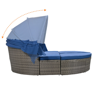 Outdoor rattan daybed sunbed with Retractable Canopy Wicker Furniture, Round Outdoor Sectional Sofa Set, Gray Wicker Furniture Clamshell Seating with Washable Cushions, Backyard, Porch, Blue