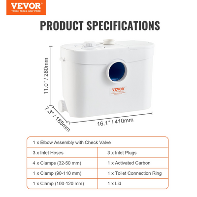 VEVOR Macerator Pump, 700W, 9600 L/h Flow, 32.8 ft/10 m Head, Macerator Sewerage Sump Pump with 3 Water Inlets for Toilet, Basement, Kitchen, Sink, Shower, Bathtub Waste Water Disposal Upflush Machine