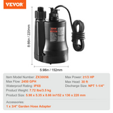 VEVOR Utility Pump, 1/3 HP, 2450 GPH High Flow, 30 ft Head, Sump Pump Submersible Water Pump Portable Utility Pump with 10 ft Long Power Cord for Draining Water from Swimming Pool Garden Pond Basement