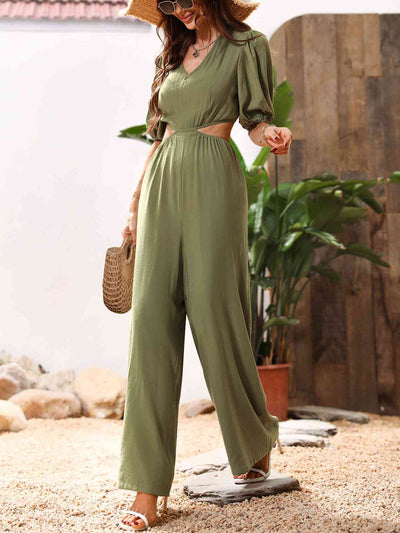 Cutout V-Neck Balloon Sleeve Jumpsuit