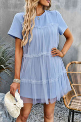 Frill Trim Spliced Mesh Mini Dress