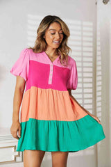 Double Take Color Block Buttoned Puff Sleeve Dress