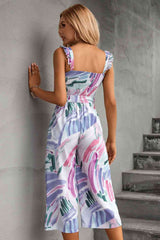 Printed Ruffle Strap Smocked Belted Jumpsuit