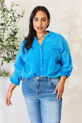 Zenana Full Size Washed Raw Trim Button Down Shirt