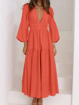 Deep V-Neck Balloon Sleeve Plain Maxi Dress