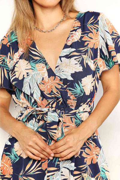 Double Take Botanical Print Surplice Neck Tie Waist Romper