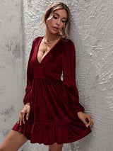 Plunge Long Sleeve Ruffle Hem Dress