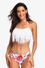 Two-Tone Fringe Trim Tied Bikini Set