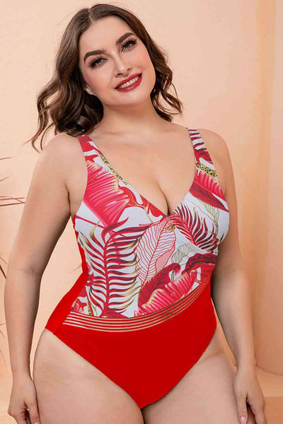 Full Size Two-Tone Plunge One-Piece Swimsuit