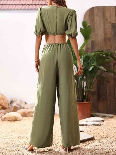 Cutout V-Neck Balloon Sleeve Jumpsuit