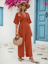 Decorative Button V-Neck Half Sleeve Jumpsuit